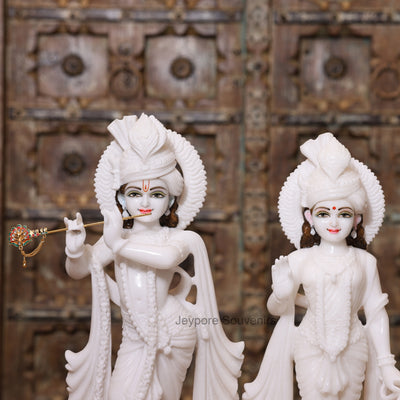 18" Handcrafted Pure White Marble Radha Krishna Pair Statues – Traditional Indian Artisan Craft