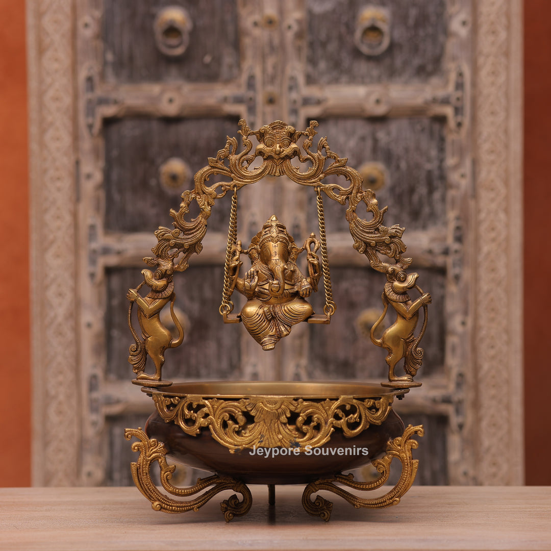 Traditional Handcrafted Brass Ganesha Swing Urli Bowl with Decorative Arch