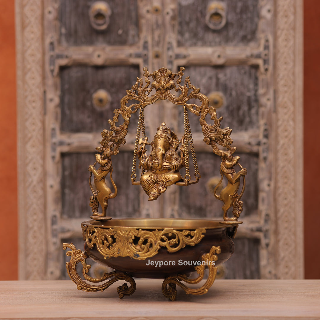 Traditional Handcrafted Brass Ganesha Swing Urli Bowl with Decorative Arch