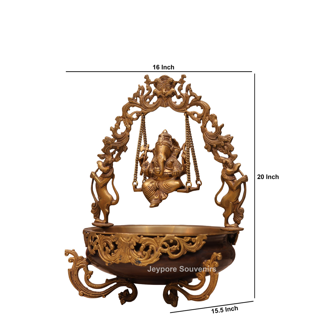 Traditional Handcrafted Brass Ganesha Swing Urli Bowl with Decorative Arch
