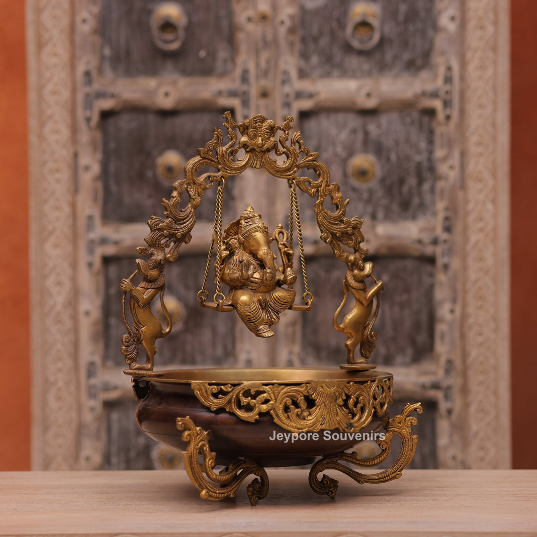 Traditional Handcrafted Brass Ganesha Swing Urli Bowl with Decorative Arch