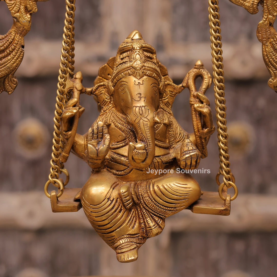Traditional Handcrafted Brass Ganesha Swing Urli Bowl with Decorative Arch