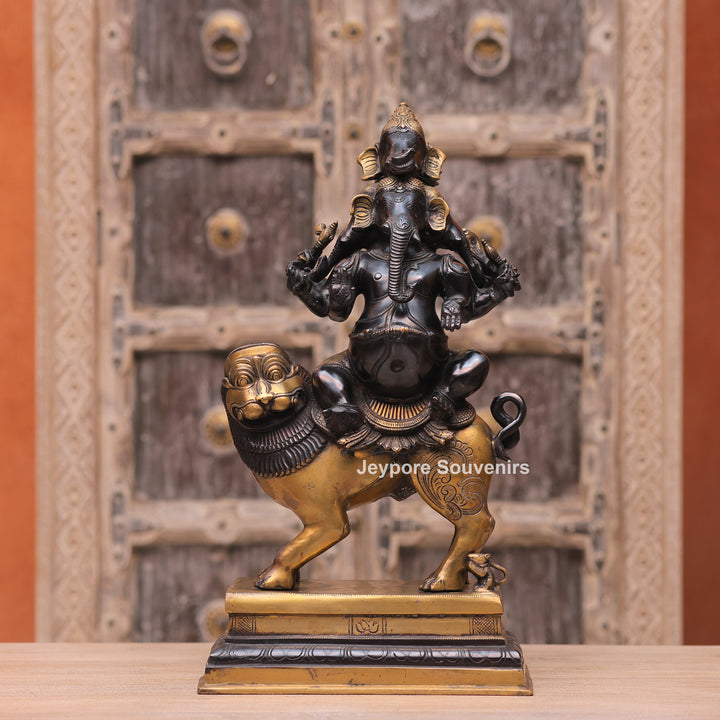 Handcrafted Brass Heramba Ganapati Statue Seated on Lion