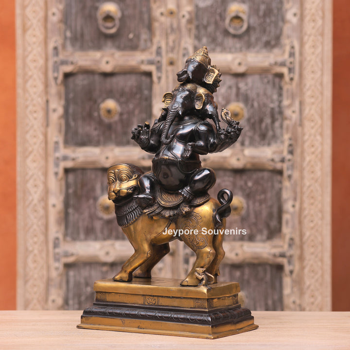 Handcrafted Brass Heramba Ganapati Statue Seated on Lion