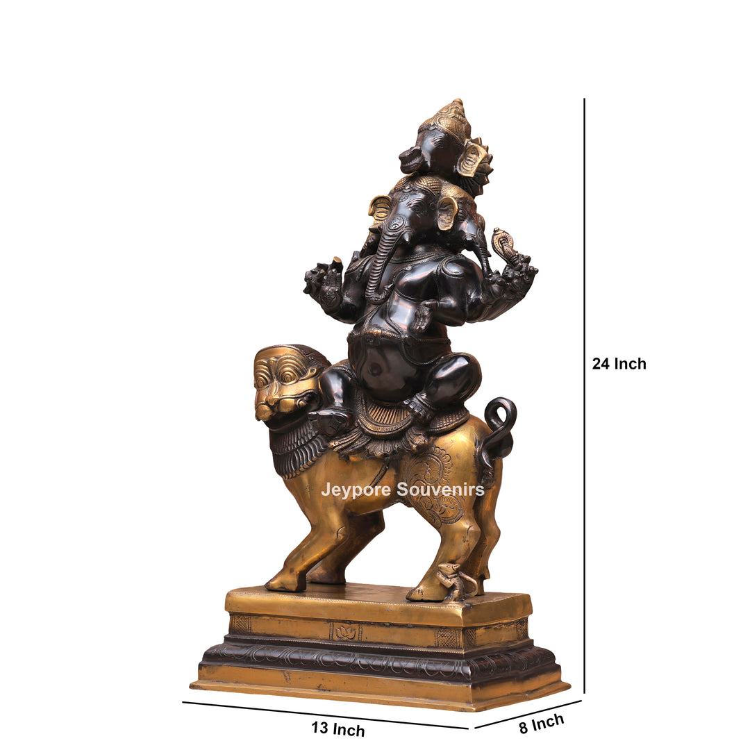 Handcrafted Brass Heramba Ganapati Statue Seated on Lion