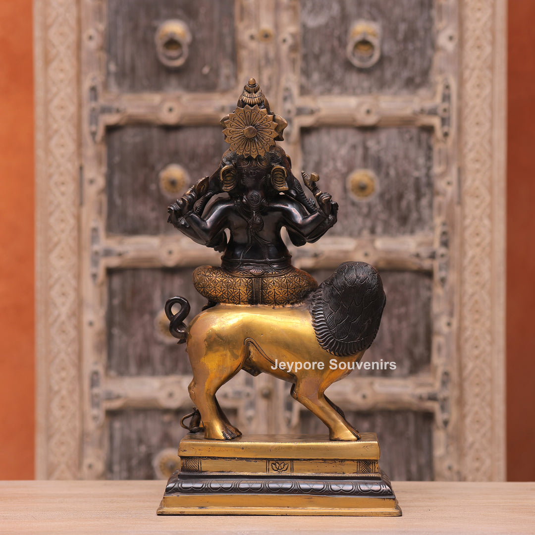 Handcrafted Brass Heramba Ganapati Statue Seated on Lion