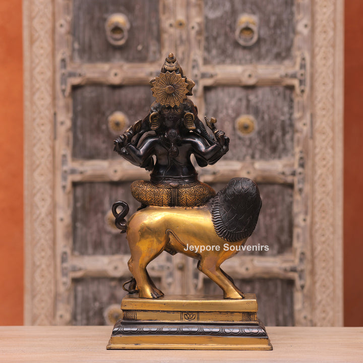 Handcrafted Brass Heramba Ganapati Statue Seated on Lion