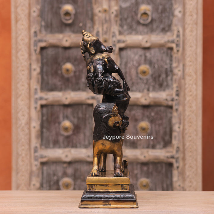 Handcrafted Brass Heramba Ganapati Statue Seated on Lion