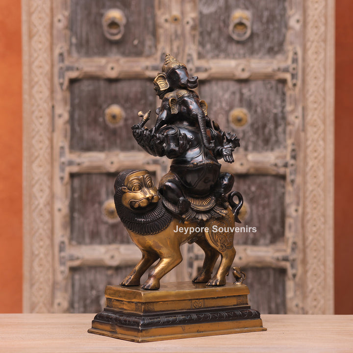Handcrafted Brass Heramba Ganapati Statue Seated on Lion
