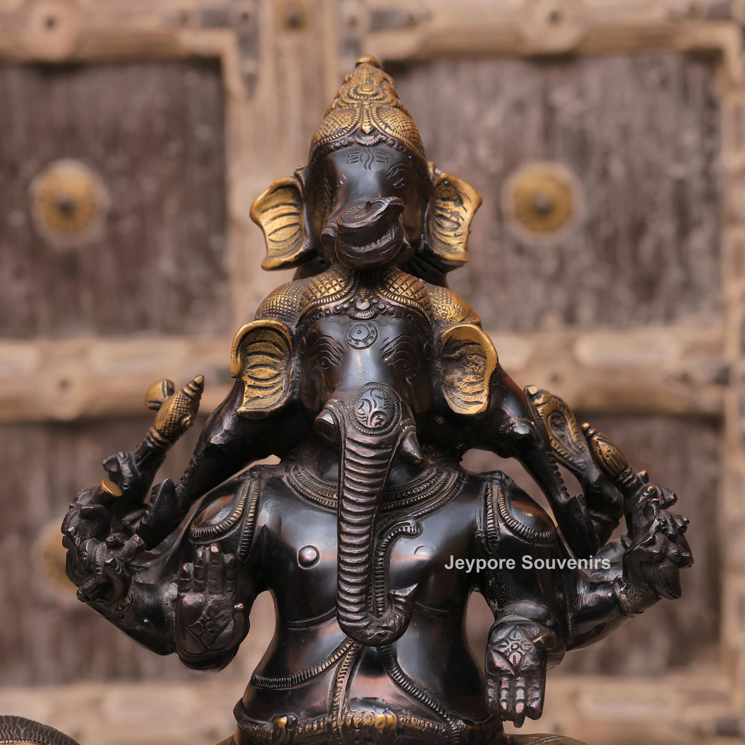 Handcrafted Brass Heramba Ganapati Statue Seated on Lion