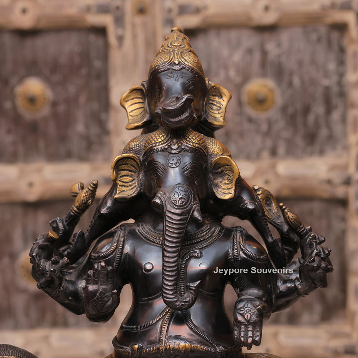 Handcrafted Brass Heramba Ganapati Statue Seated on Lion
