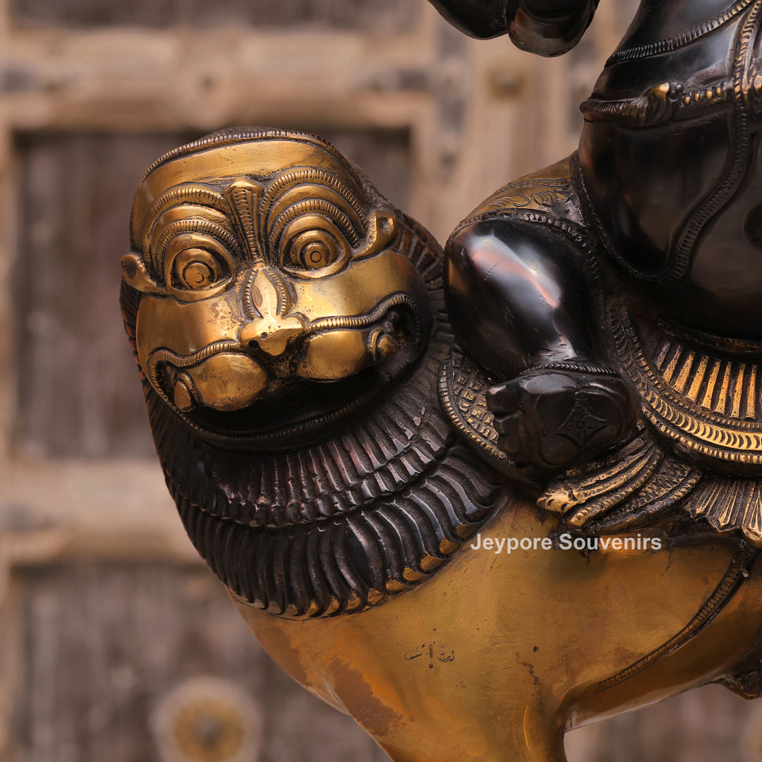 Handcrafted Brass Heramba Ganapati Statue Seated on Lion