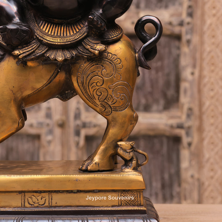 Handcrafted Brass Heramba Ganapati Statue Seated on Lion