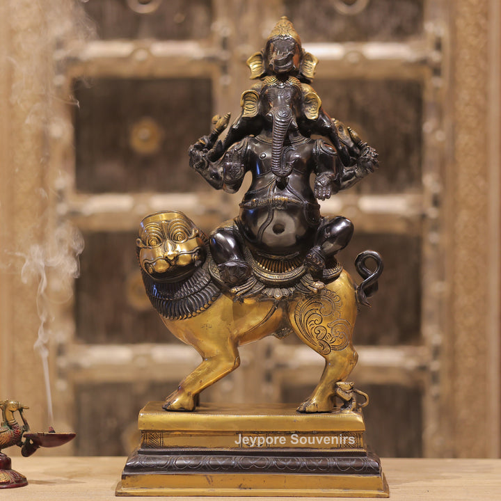 Handcrafted Brass Heramba Ganapati Statue Seated on Lion