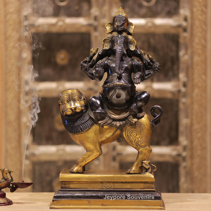 Handcrafted Brass Heramba Ganapati Statue Seated on Lion
