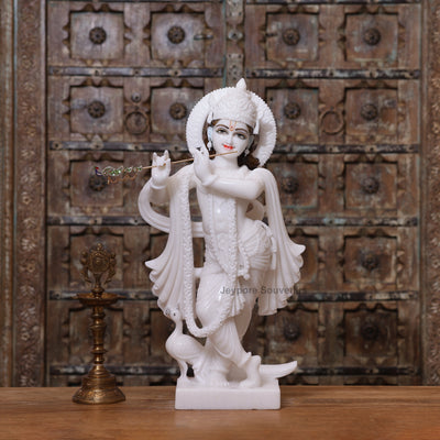 24" Handcrafted Radha Krishna Pure White Marble Statues (Murti) Pair | Designed By Indian Artisans