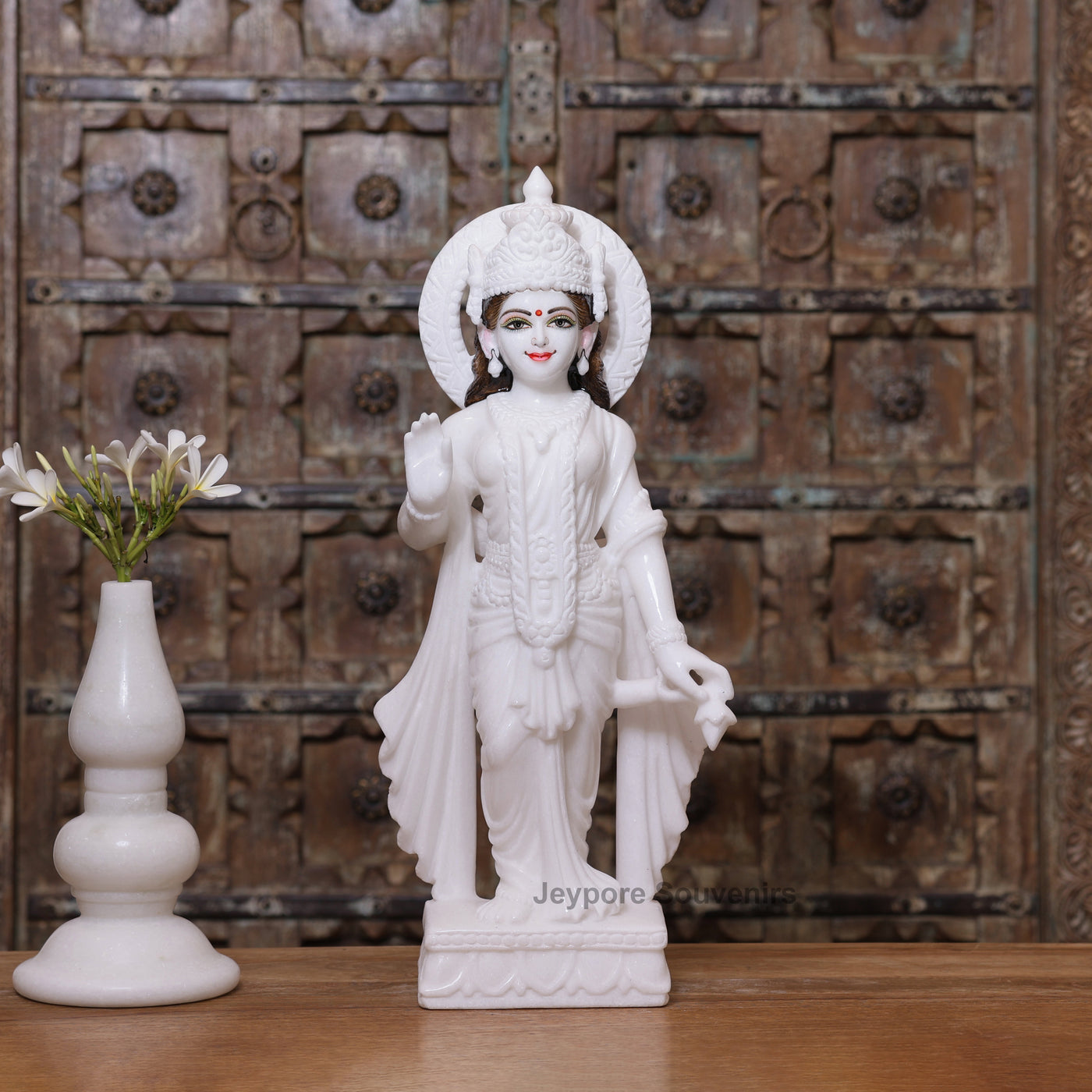 24" Pure White Marble Radha Krishna Statue Pair – Handcrafted by Indian Artisans