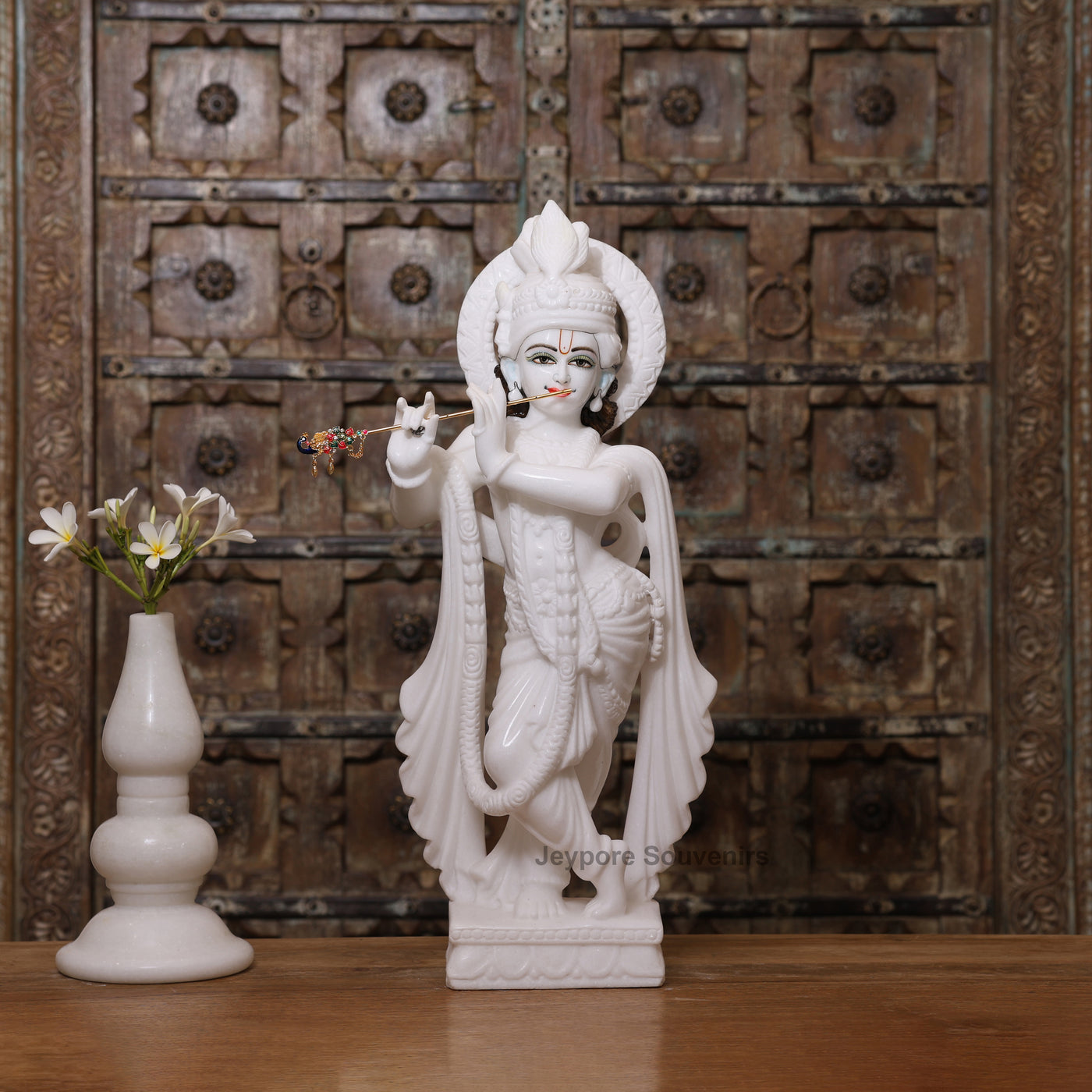 24" Pure White Marble Radha Krishna Statue Pair – Handcrafted by Indian Artisans