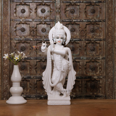 24" Pure White Marble Radha Krishna Statue Pair – Handcrafted by Indian Artisans