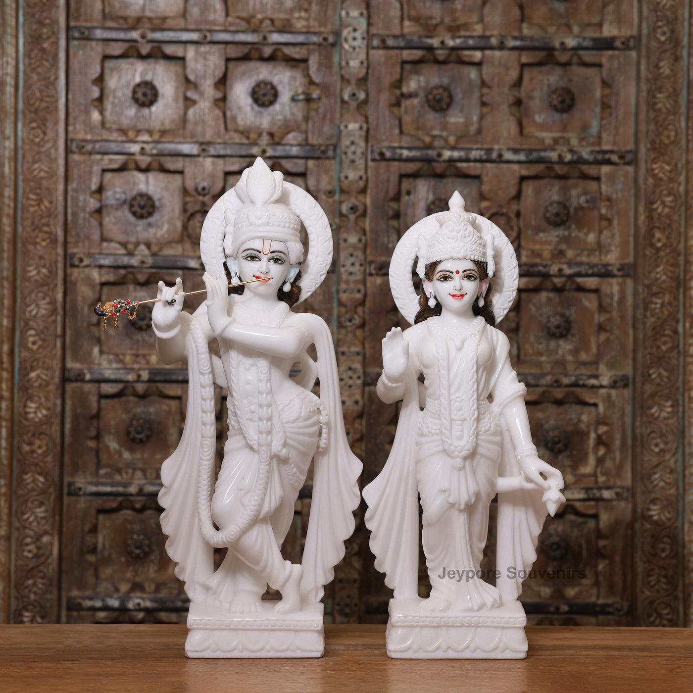 24" Pure White Marble Radha Krishna Statue Pair – Handcrafted by Indian Artisans