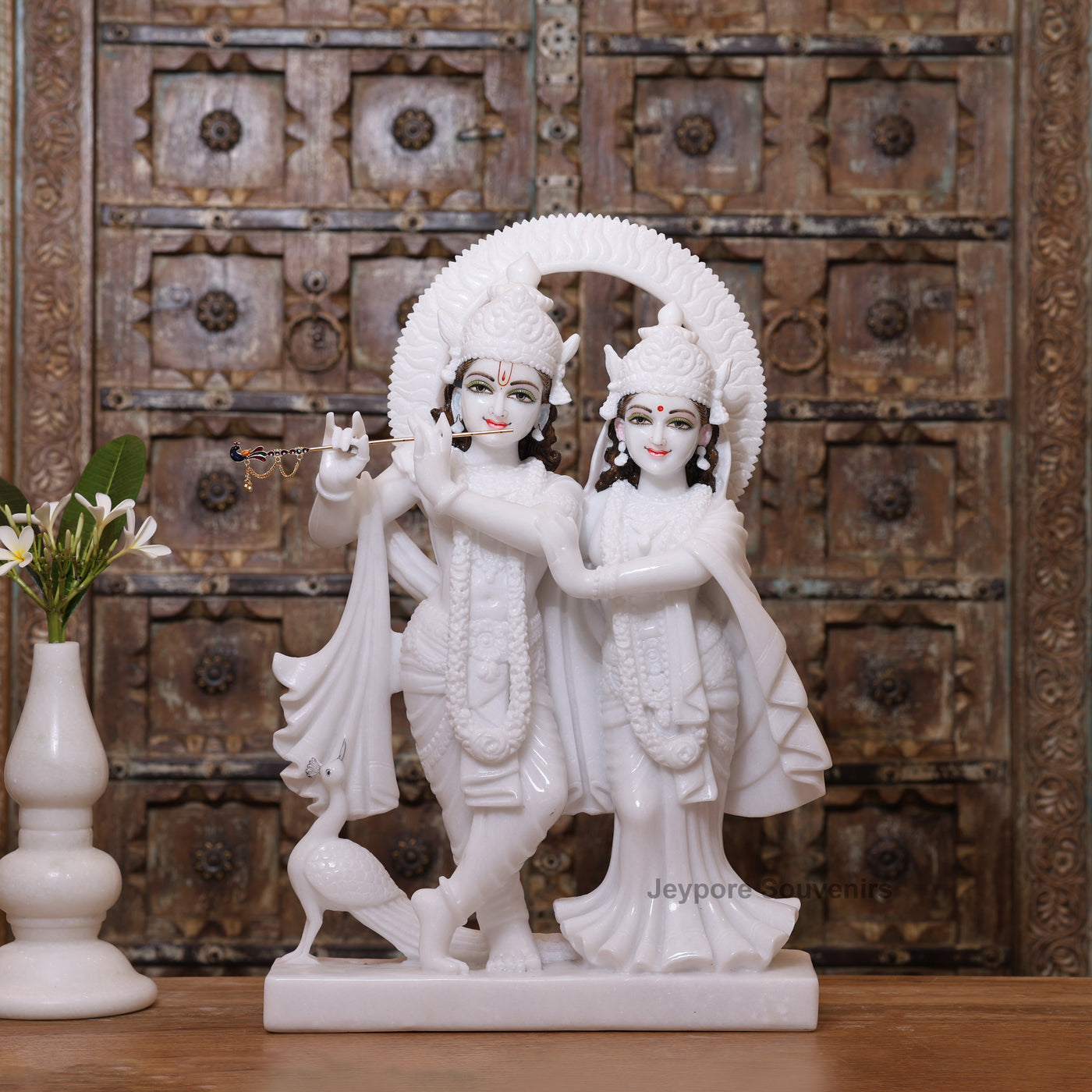 24" Pure White Marble Radha Krishna Idol | Handcrafted Sculpture by Jeypore Souvenirs