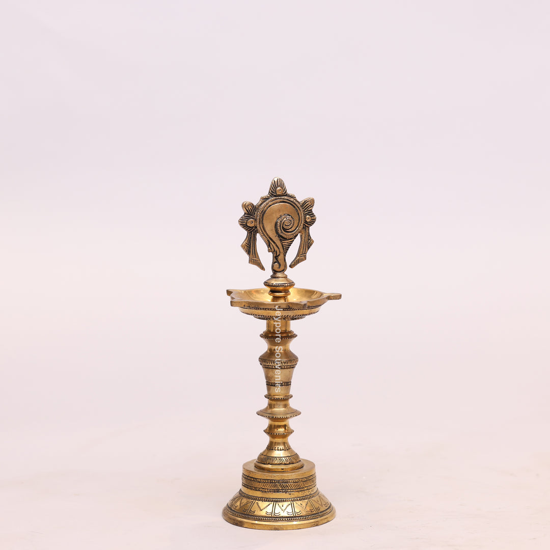 Handcrafted Brass Shankh Chakra Oil Lamp – Traditional Vishnu Deepam