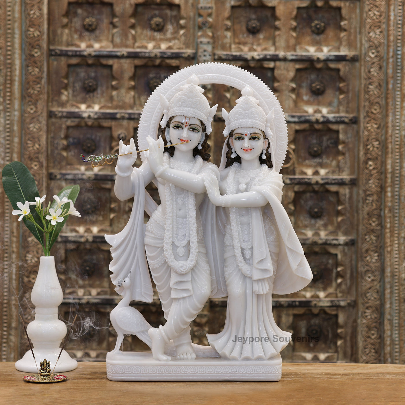 30" Pure White Marble Radha Krishna Statue | Elegant Makrana Marble Sculpture for Home Temple & Décor