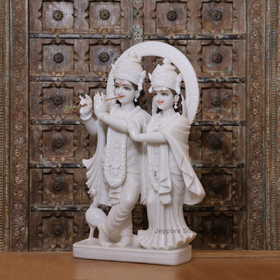 30" Pure White Marble Radha Krishna Statue | Elegant Makrana Marble Sculpture for Home Temple & Décor