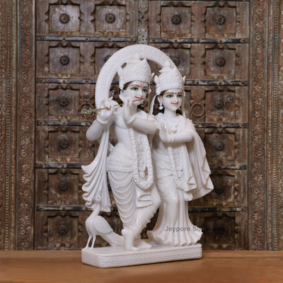 30" Pure White Marble Radha Krishna Statue | Elegant Makrana Marble Sculpture for Home Temple & Décor