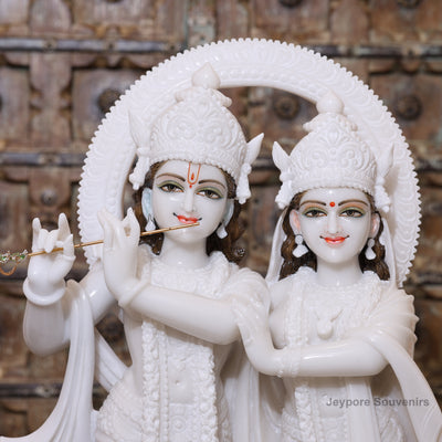 30" Pure White Marble Radha Krishna Statue | Elegant Makrana Marble Sculpture for Home Temple & Décor