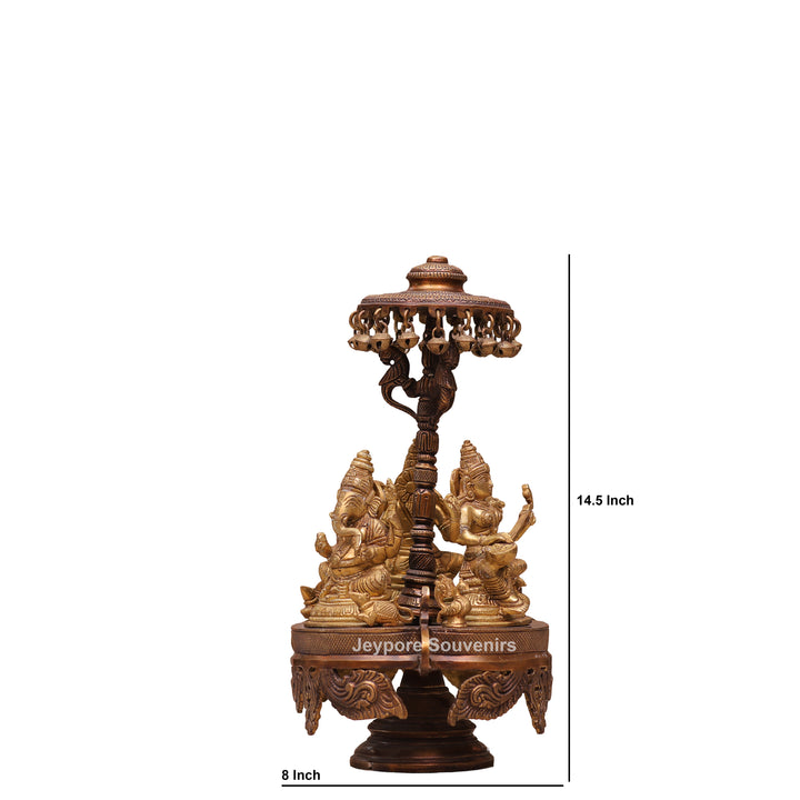 Handcrafted Brass Ganesha Lakshmi Saraswati Revolving Idol with Decorative Parasol