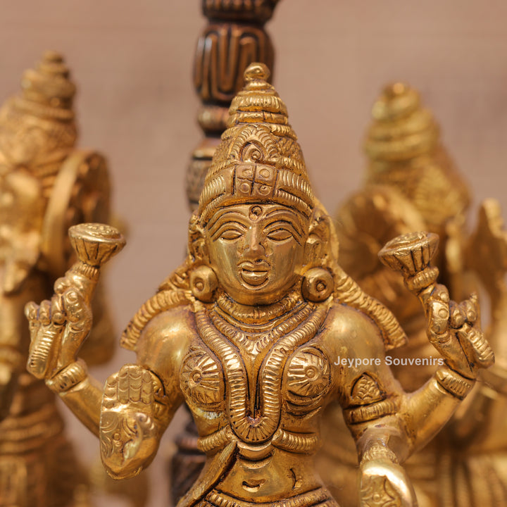Handcrafted Brass Ganesha Lakshmi Saraswati Revolving Idol with Decorative Parasol