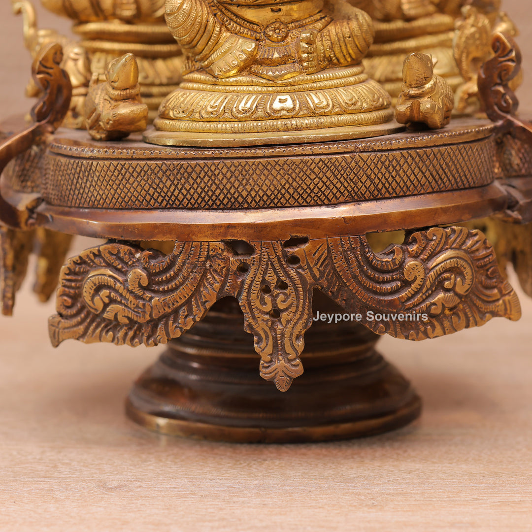 Handcrafted Brass Ganesha Lakshmi Saraswati Revolving Idol with Decorative Parasol