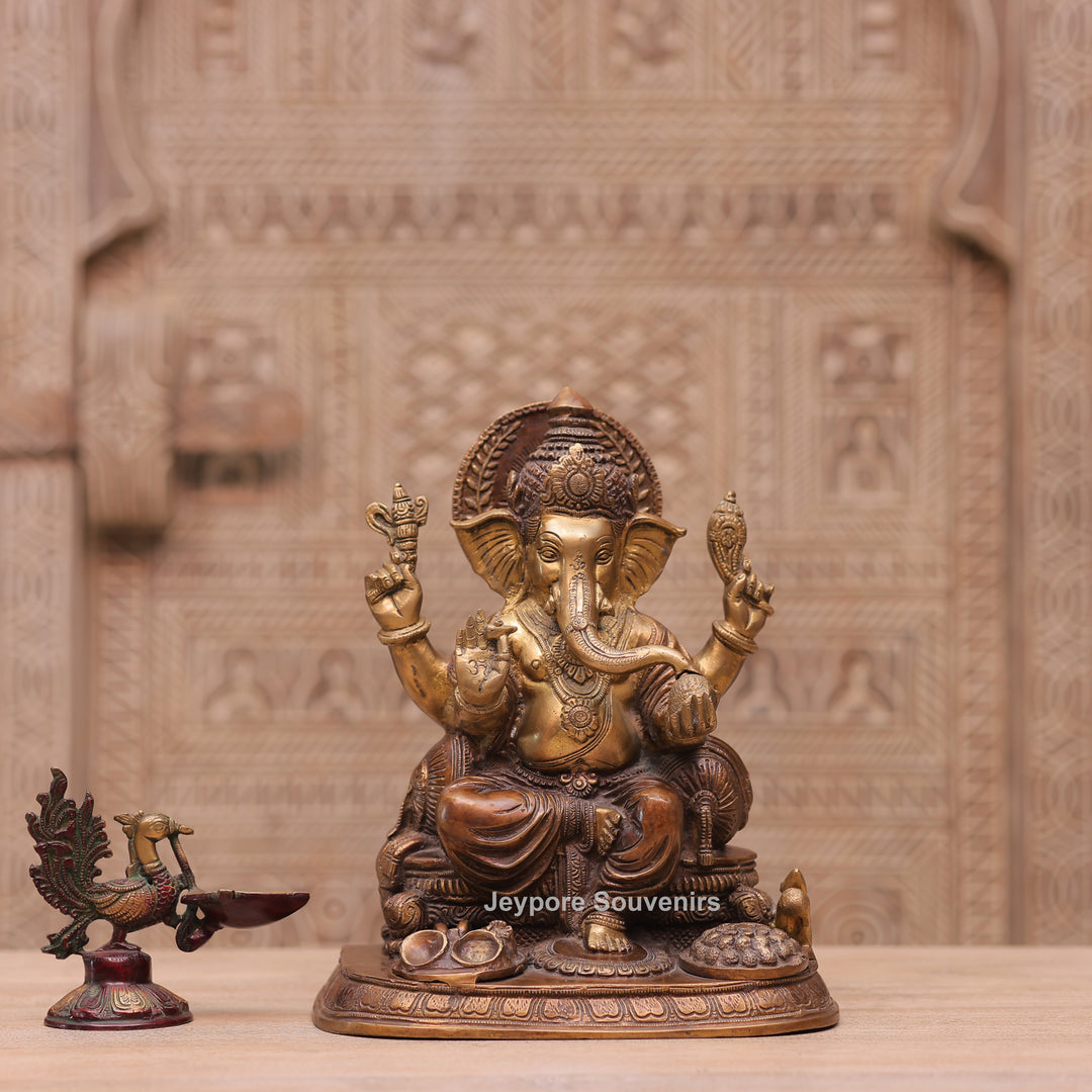 Traditional Handcrafted Brass Lord Ganesha Sitting Statue on Royal Seat