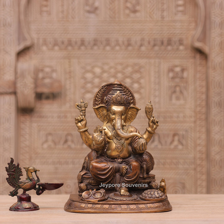 Traditional Handcrafted Brass Lord Ganesha Sitting Statue on Royal Seat
