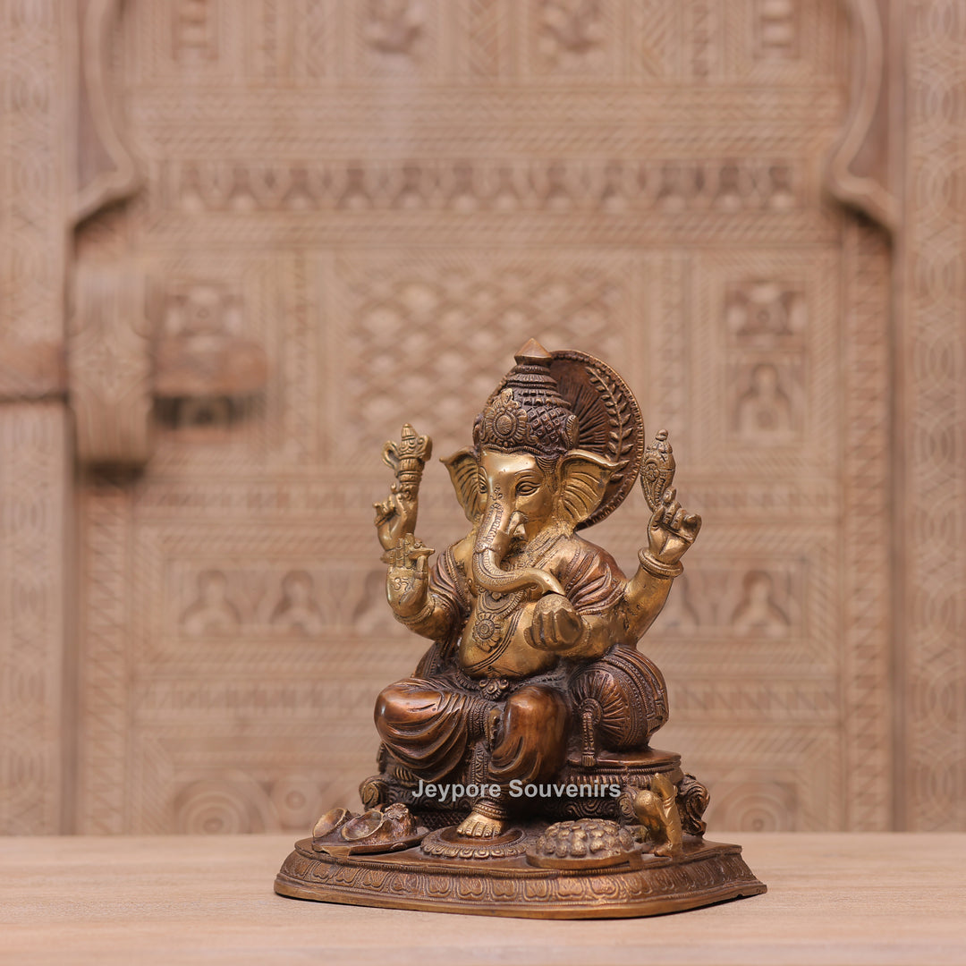 Traditional Handcrafted Brass Lord Ganesha Sitting Statue on Royal Seat