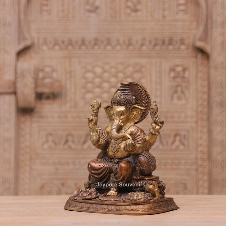 Traditional Handcrafted Brass Lord Ganesha Sitting Statue on Royal Seat