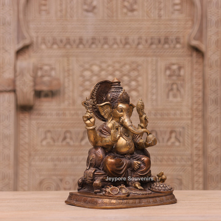 Traditional Handcrafted Brass Lord Ganesha Sitting Statue on Royal Seat