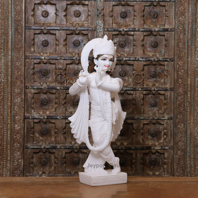 30" Radha Krishna Pure White Marble Statue Pair
