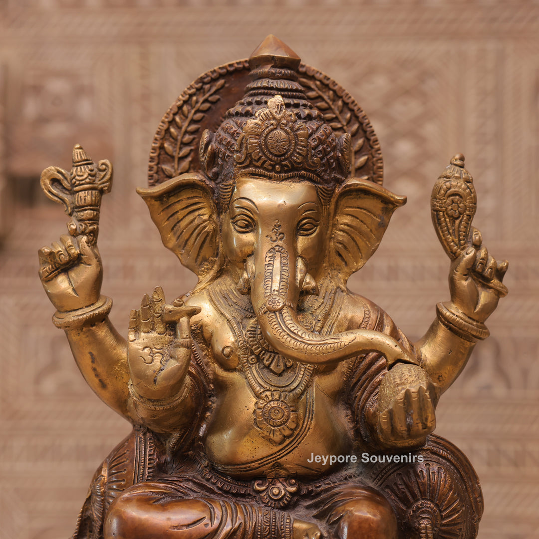 Traditional Handcrafted Brass Lord Ganesha Sitting Statue on Royal Seat