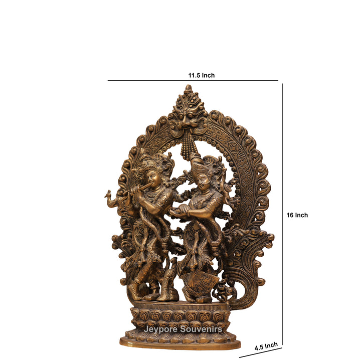 Handcrafted Brass Radha Krishna Statue with Ornamental Prabhavali Arch