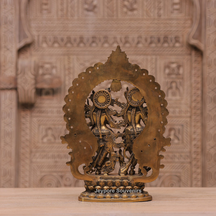 Handcrafted Brass Radha Krishna Statue with Ornamental Prabhavali Arch