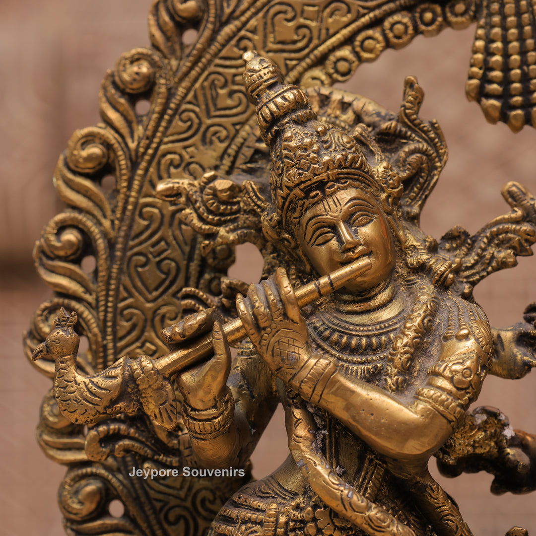 Handcrafted Brass Radha Krishna Statue with Ornamental Prabhavali Arch