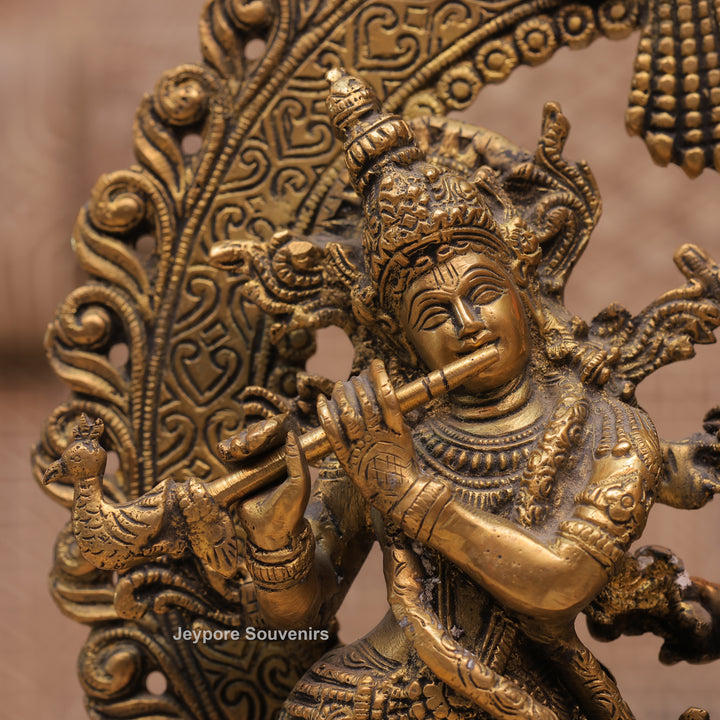 Handcrafted Brass Radha Krishna Statue with Ornamental Prabhavali Arch