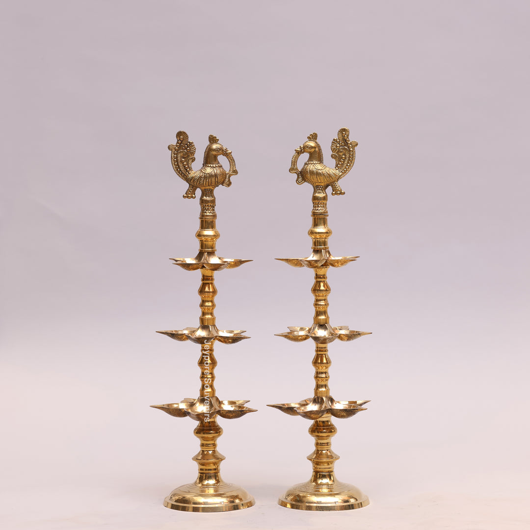 South Indian Brass Peacock Multi-Tier Kuthu Vilakku Oil Lamp