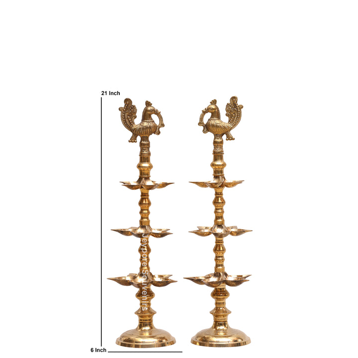 South Indian Brass Peacock Multi-Tier Kuthu Vilakku Oil Lamp