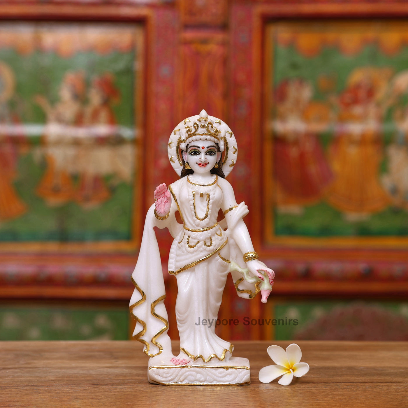 9" Pure White Marble Ram Darbar Idol Set with Real Gold Leaf Work