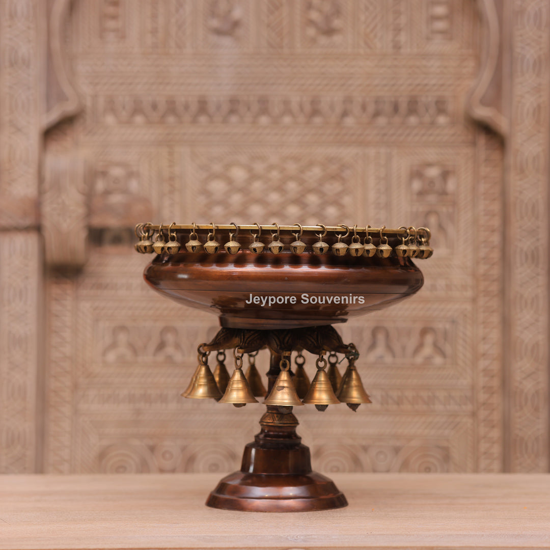 12" Handcrafted Brass Urli Pooja Lamp with Hanging Bells