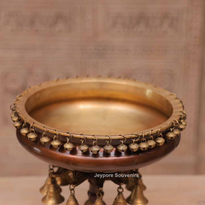 12" Handcrafted Brass Urli Pooja Lamp with Hanging Bells