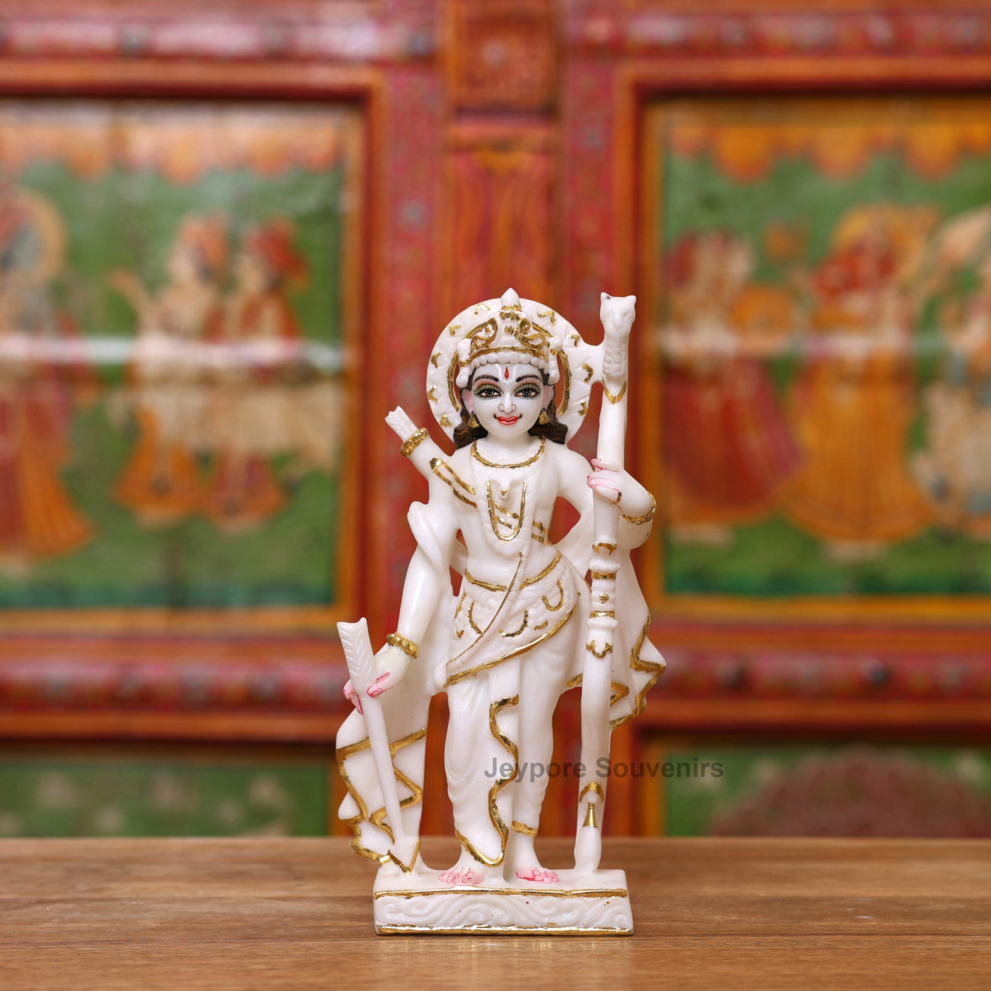 9" Pure White Marble Ram Darbar Idol Set with Real Gold Leaf Work